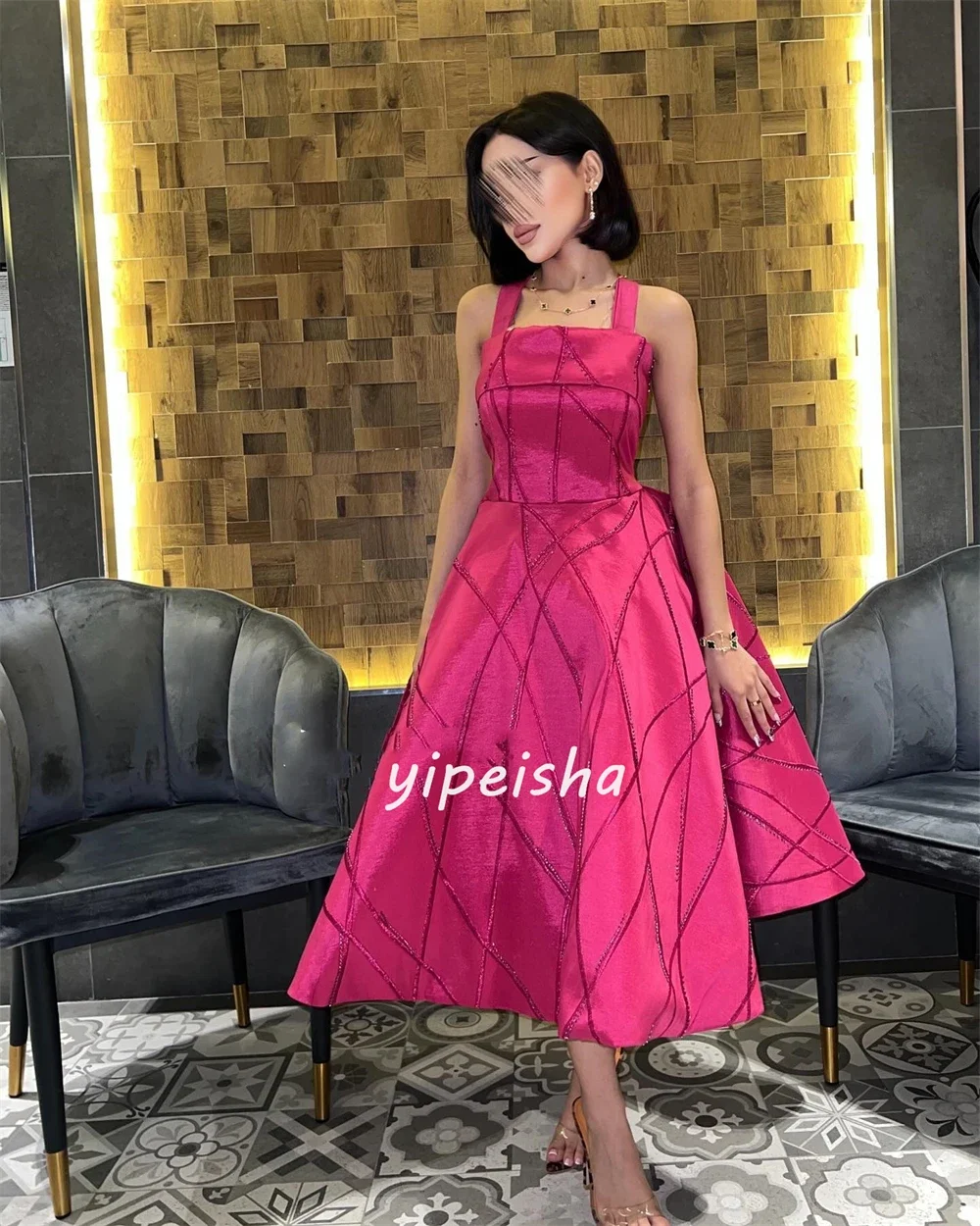 Customized Jersey Sequined Beading Ruched Valentine's Day A-line Square Neck Bespoke Occasion Gown Midi Dresses