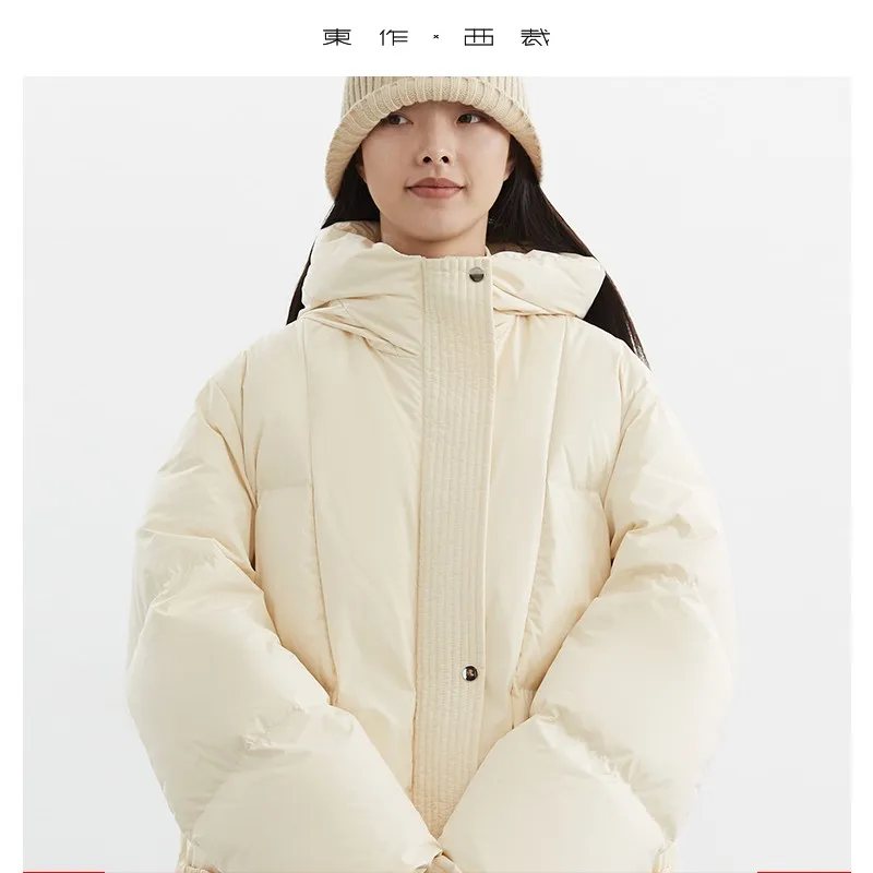 سترة نسائية متوسطة الطول من أوزة ~ معطف دافئ سميك لخريف وشتاء 2025 بلوزة جديدة بقلنسوة