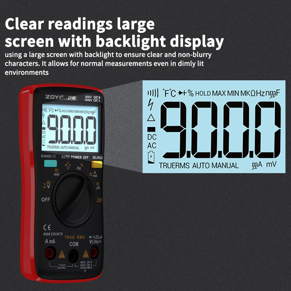 ZOYI ZT-109 True RMS  Digital Multimeter Bench meter Features 9999 Counts Current Voltage  Wave Output Auto/Manual Ranges