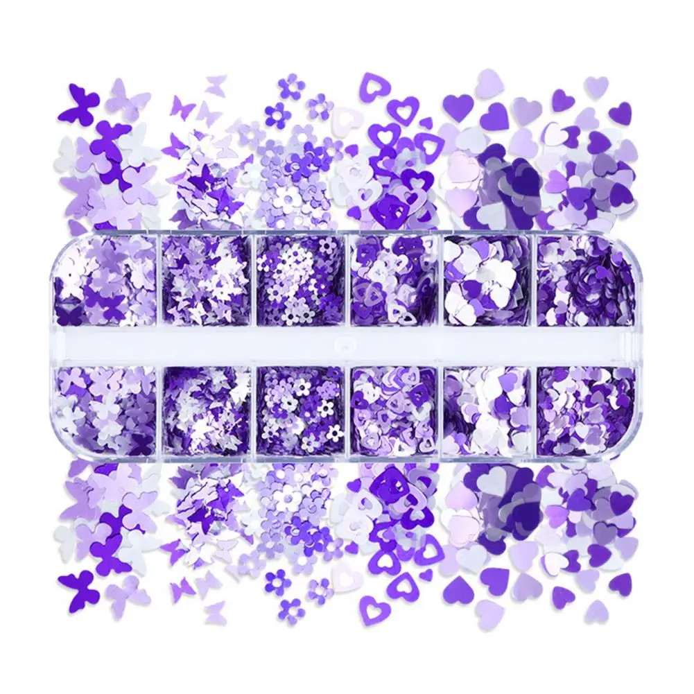 

12 Grids Manicure Glitter Safe Portable PET Purple Plum Blossom Fingernail Decoration for Girls