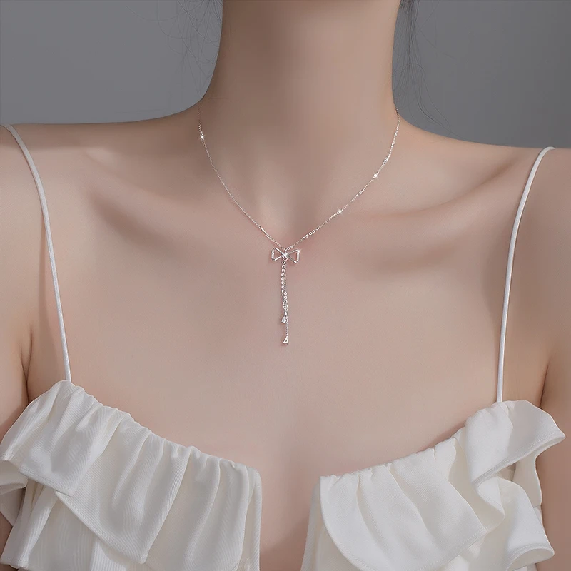 Fashion 925 Sterling Silver Bow Necklace Shiny Zircon Tassel Temperament Clavicle Chain Ladies High Jewelry Party Birthday Gift