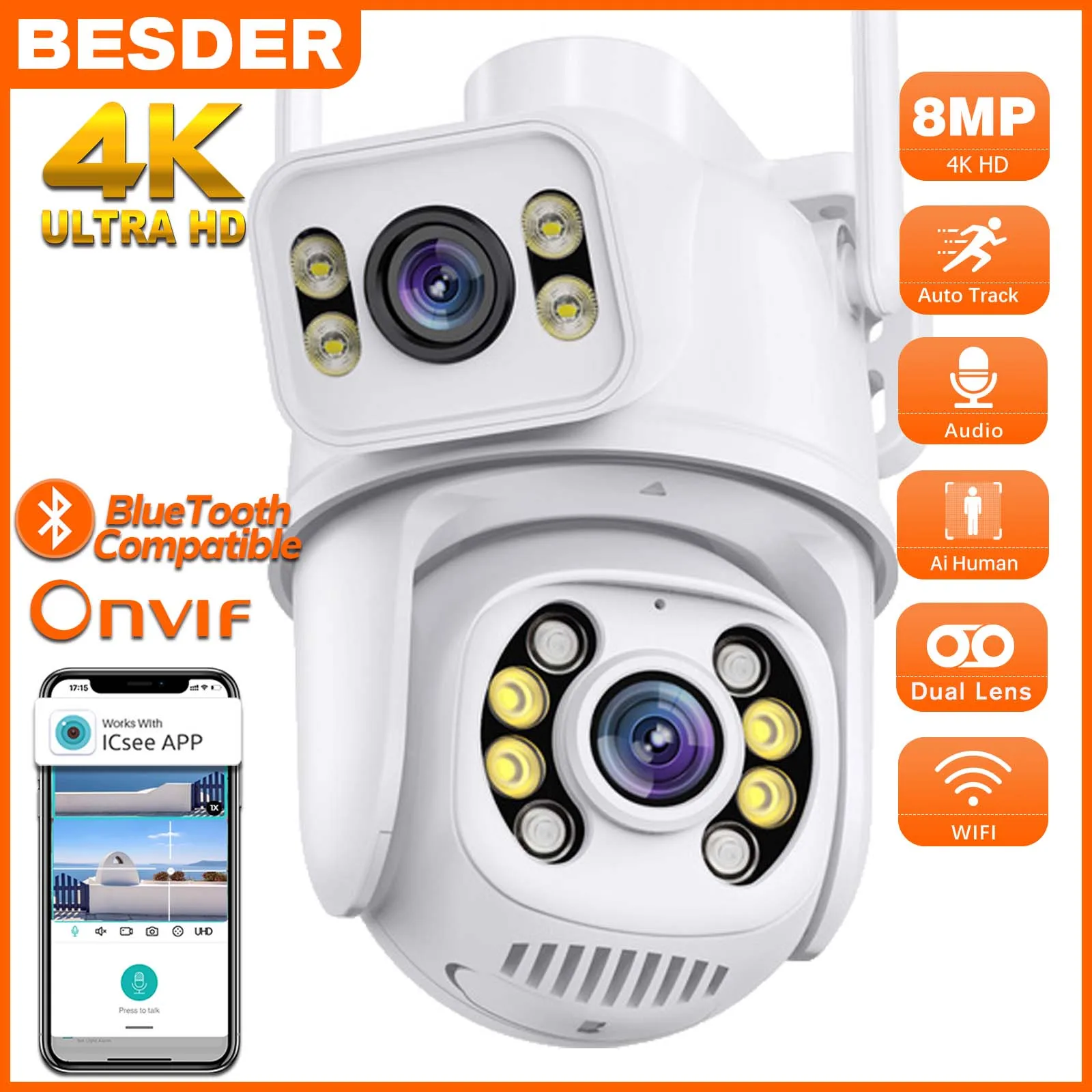 

BESDER 8MP PTZ Wifi Camera Dual Lens with Dual Screen Ai Human Detect 4K Wireless Outdoor Surveillance CCTV Camera iCSee App