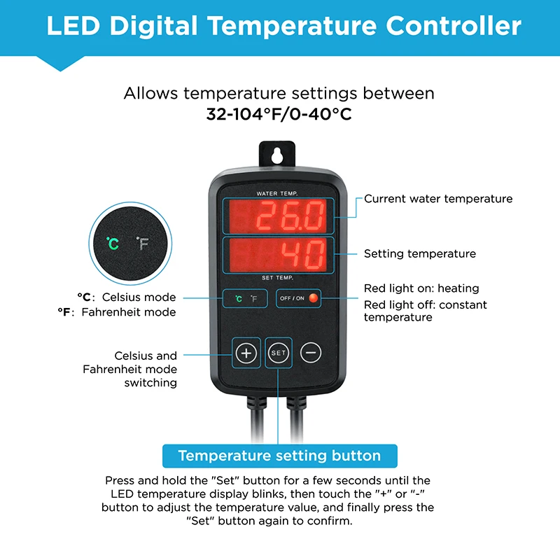 100W-500W Titanium Stainless Steel Submersible Aquarium Heater LED Digital Display Fish Tank Water Heater Temperature Controller