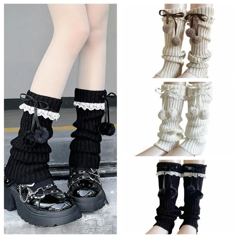 

Модные кружевные гетры для женщин Y2k, утепленные вязаные чехлы для ног, плюшевые шарики, носки с ворсом, балетные чулки для девочек