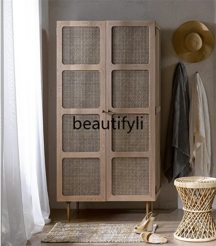 

Nordic Minimalist Rattan Wardrobe American Standing Cabinet Natural Wood Color Storage Rattan Surface Solid Wood Storage Cabinet