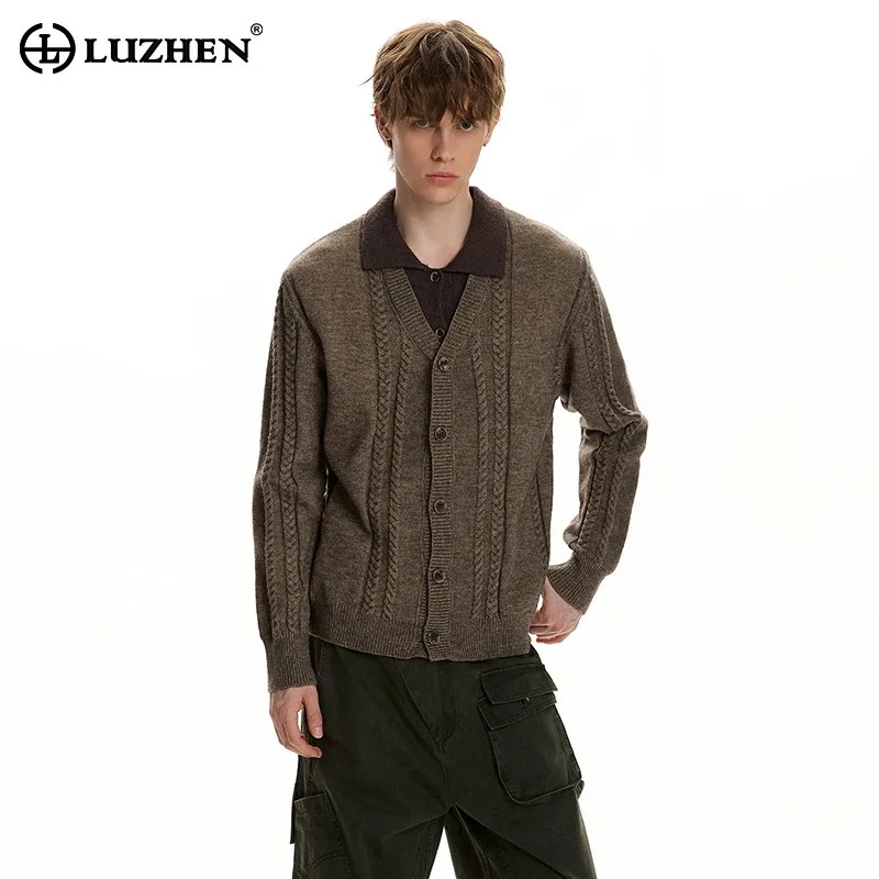 LUZHEN 2026 New Weave Embossed Pattern Polo Neck Knitted Cardigan Men's Elegant Temperament High Quality Casual Sweater JY9275