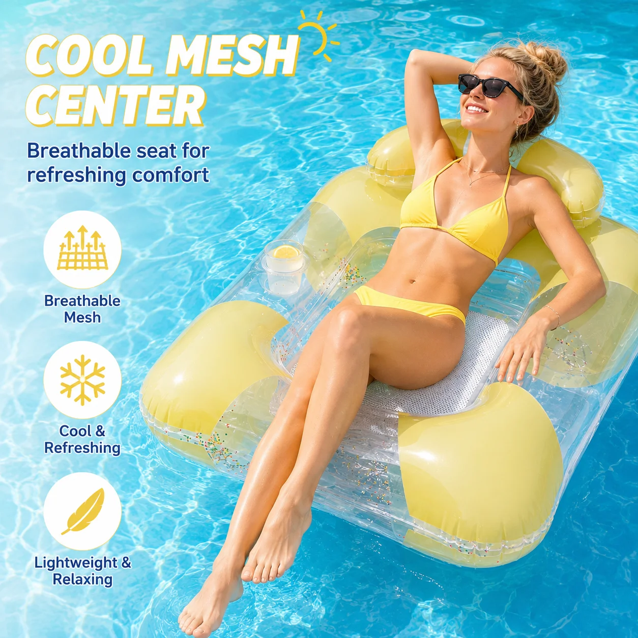 1PC Inflatable Pool Lounge Chair, Clear Floating Water Hammock Float with Cup Holder Mesh Seat, Heavy Duty Pool Float Bed
