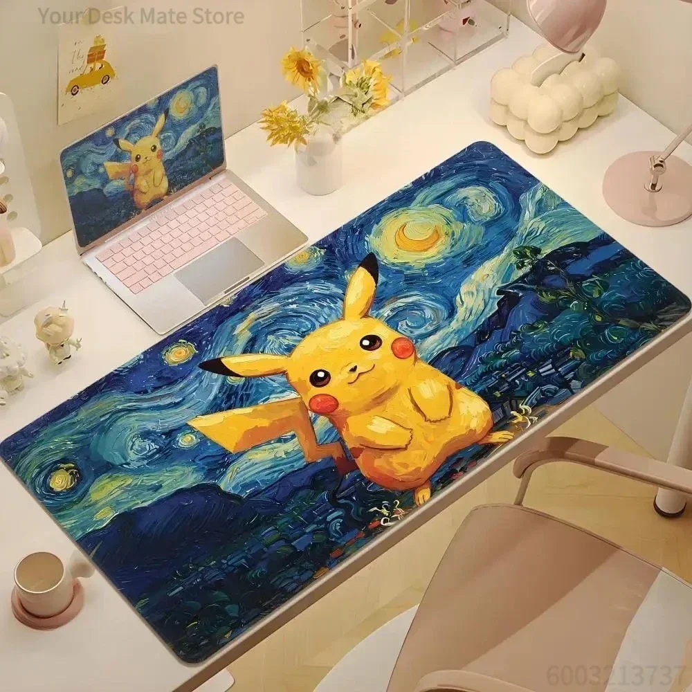 Psyduck Pikachu Large Size Gaming Mouse Pad - Cute Pokemon Leather Keyboard Mat with Starry Night Design for Gamers