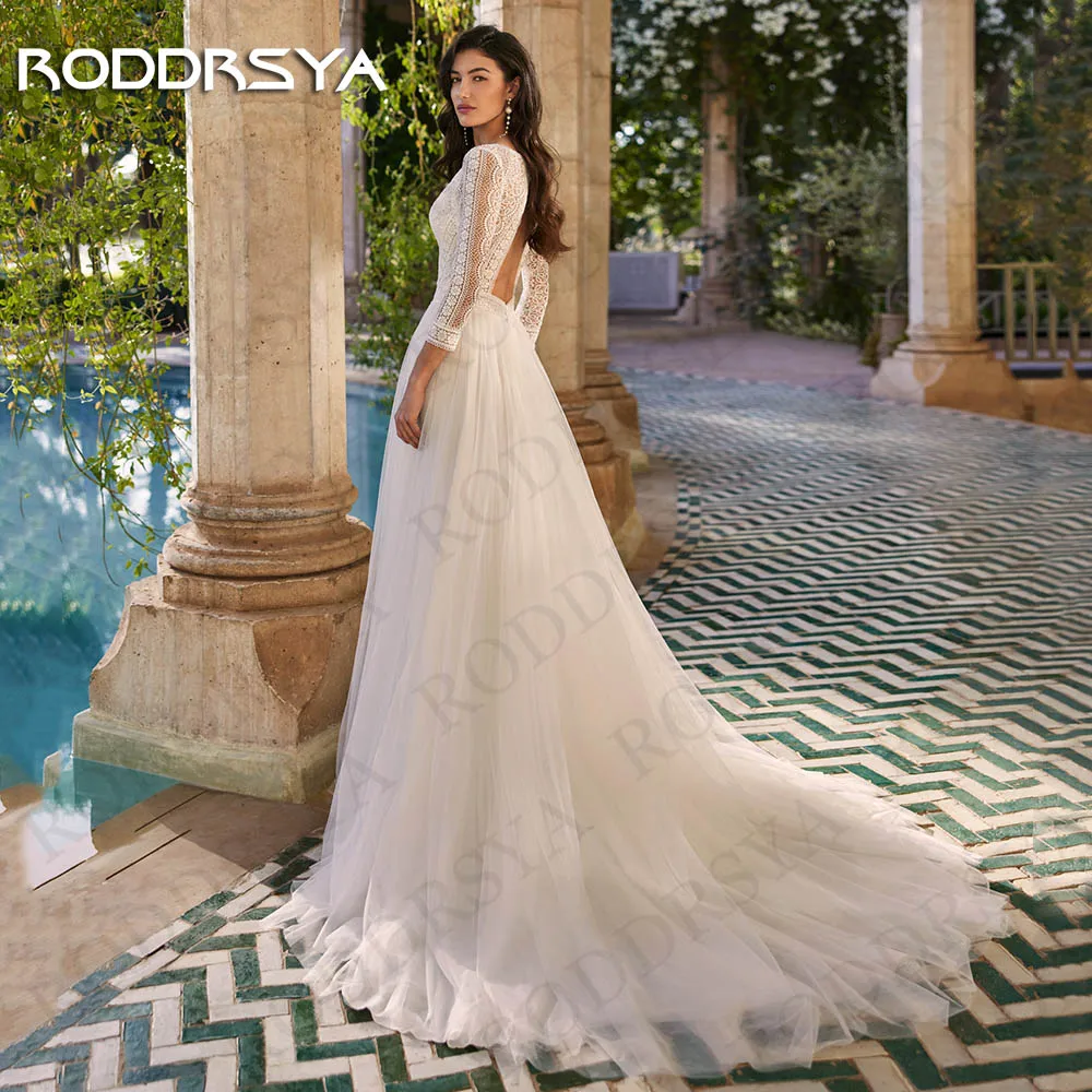 RODDRSYA Elegant Beach V Neck Wedding Dresses 2024 A Line Boho Backless Lace Long Sleeves Tulle Bride Gowns Vestido De Novia