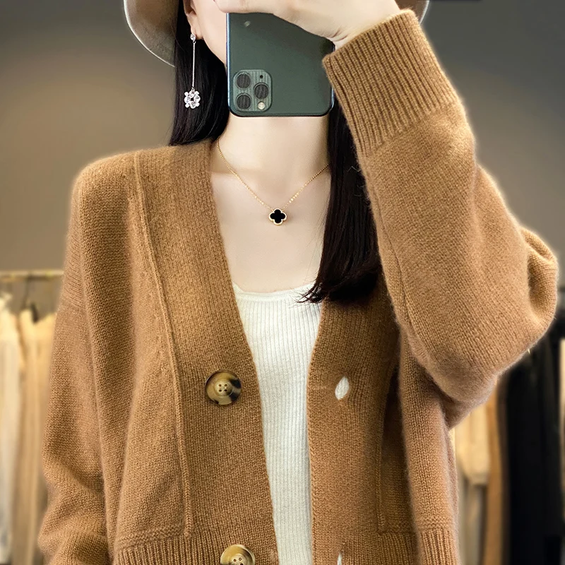 BELIARST Autumn/Winter 2023 New Women\'s Clothes V-neck Cardigan Knit 100% Merino Wool Sweater Jumper Casual Solid BE-8832