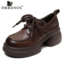 DRKANOL Luxury Design Chunky Platform Pumps Women Thick High Heel Genuine Cow Leather Handmade Retro Lace-Up Casual Women Shoes