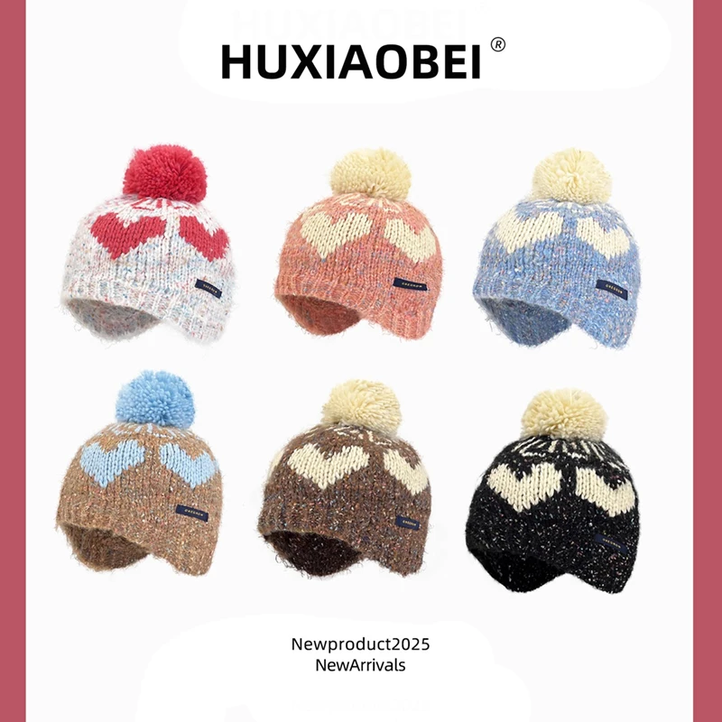 

Retro Fair Island Style Sweet Love Jacquard Beanies for Women Autumn Winter Travel Warm Versatile Cute Pom-pom Pullover Hat