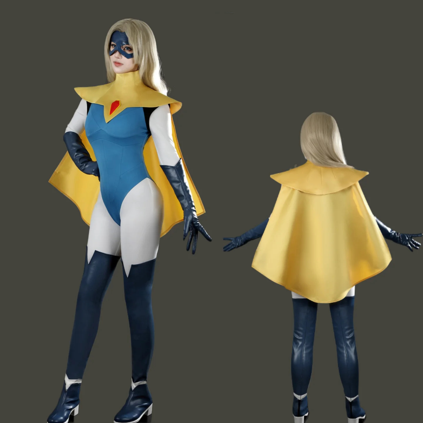 Dispatch: Superhero Agency Cosplay Blonde Blazer Superhero Costume Jumpsuit with Cape Game Character Outfit Wig Set view 2