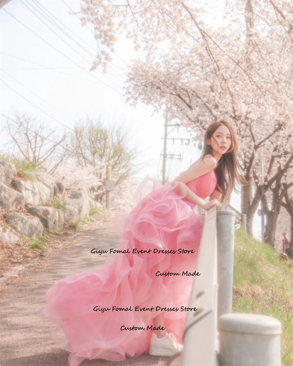 Giyu Fairy-vestido de novia rosa para sesión de fotos, vestido de noche largo hasta el suelo, cuello de corazón, correa de espagueti, Corea