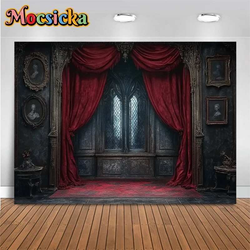 Mocsicka Photography Background Retro Gray Castle Red Curtain Pattern Wallpaper Decoration Birthday Party Backdrop Studio Banner