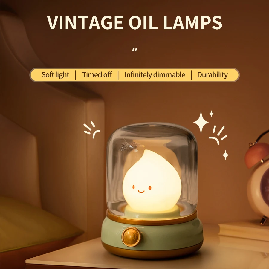 Cute Mood LED Night Light Kerosene Lamp USB Rechargeable Brightness Adjustable Retro Style Room Decoration Lamp Cartoon Gift