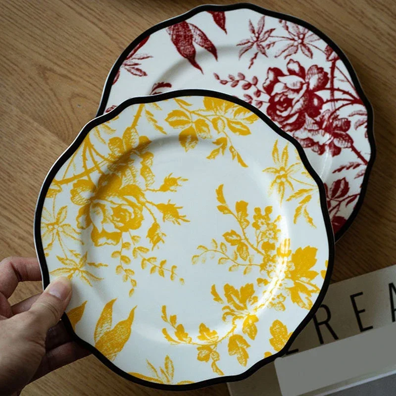 European Style Ceramic Plate Vintage Luxuriant Flower Printing Western Food Dinner Plates Afternoon Tea Dessert Dishes Tableware