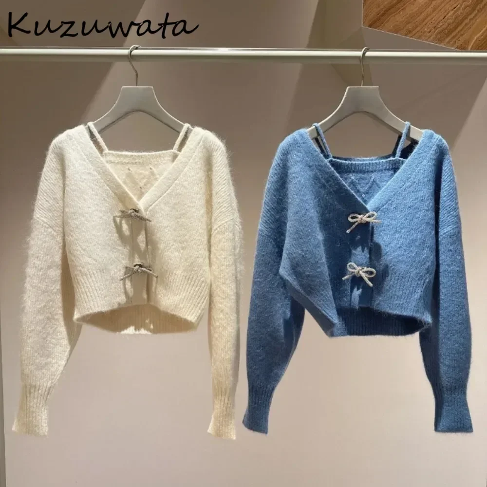 Kuzuwata Sweet V Neck Mohair Stacking Sleeves Knit Set Cardigan Beading Slim Plaid Sling Japan Exquisite Gentle Bow Suit Sweater