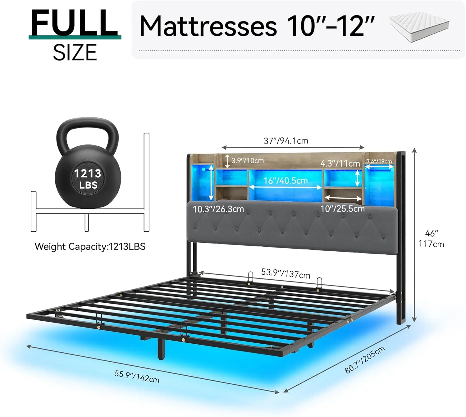 King Floating Bed Frame, Upholstered Platform Bed w/ RGB LED Lights, Headboard Storage, & Charging Station, No Box Spring Needed