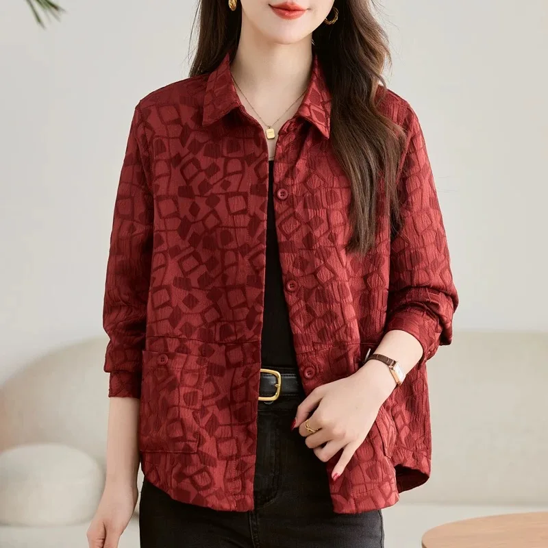 

Red Floral Embroidery irt Jaet Women's Spring Autumn 2025 New Small Size Loose Casual Collarl Jaet Top