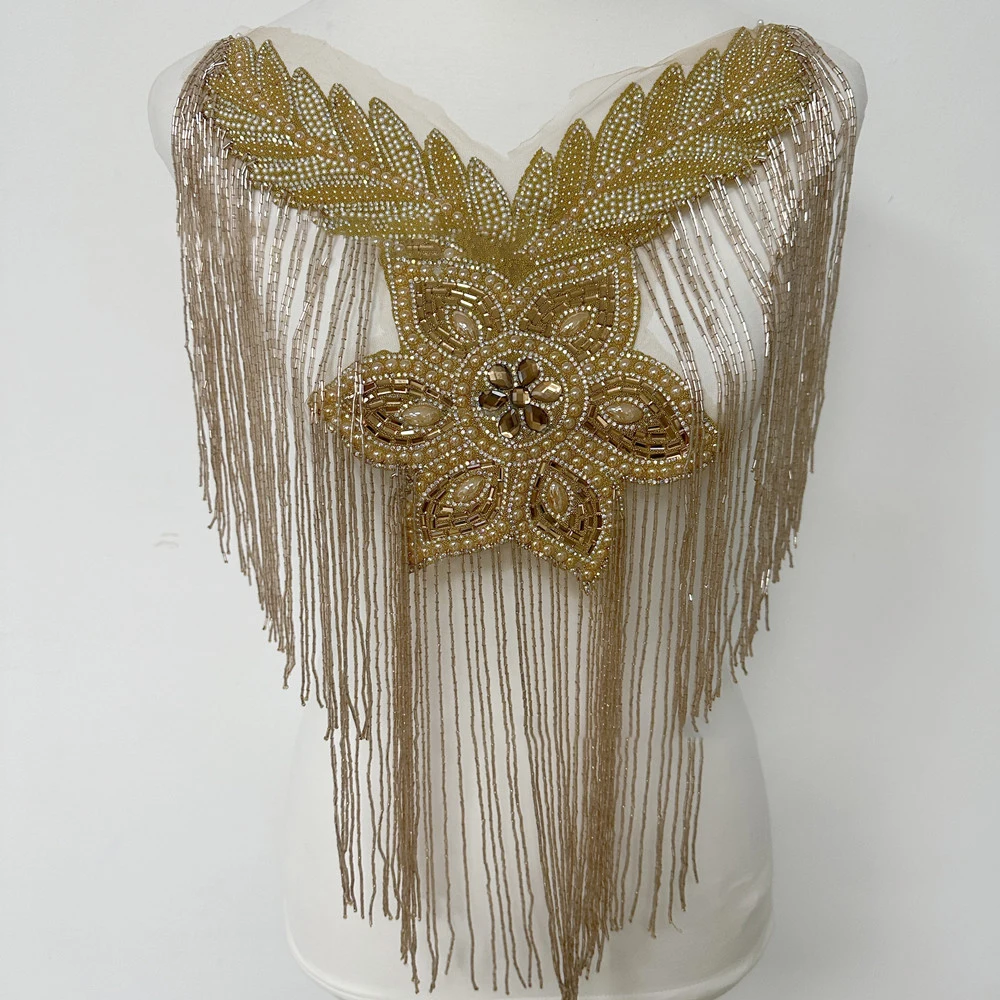 1 PC Gold White Iron-on Wedding Beaded Tassels Africa Big Collar Appliques Saudi Neckline with Fringe