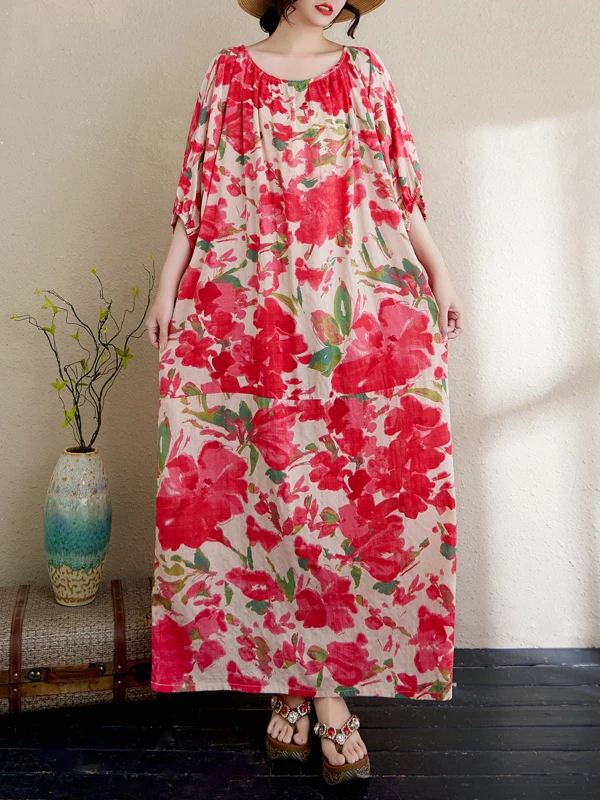 ピンクの大きな花柄コットンリネンプリントロングドレスゆったり体型カバー着痩せ効果ホリデーローブ大きいサイズホリデーロング...