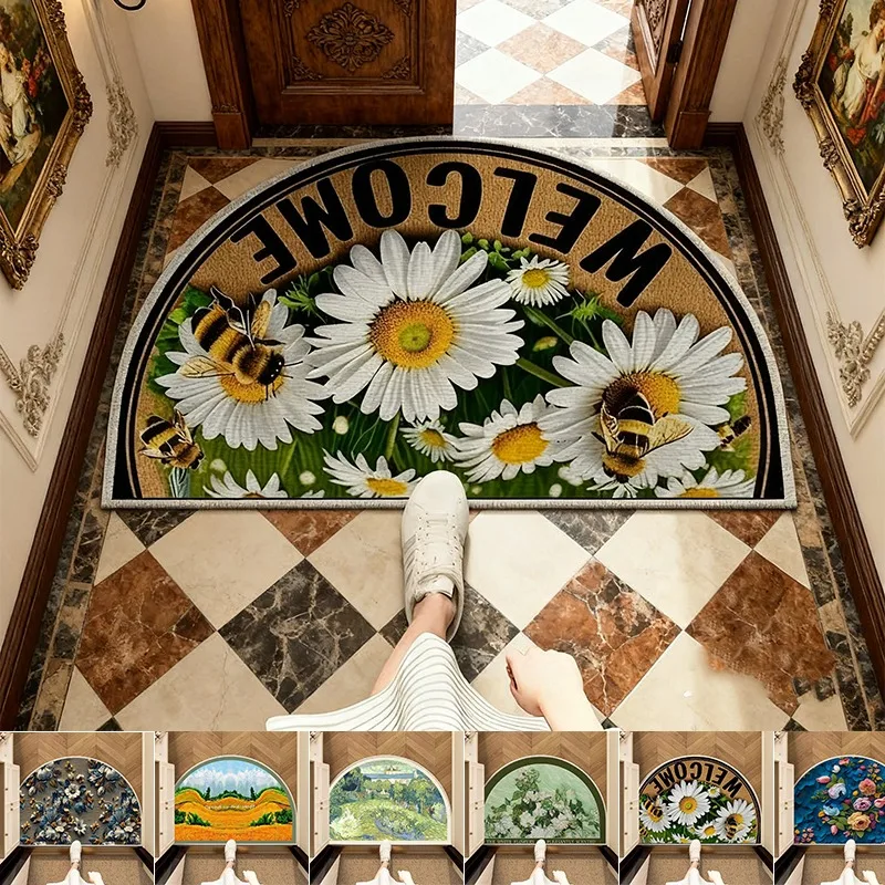 

Non-Slip Machine Washable Half Round Mat -Crystal Velvet Material Indoor/Outdoor Mat with Green Leaf Pattern,Decorative Doormat