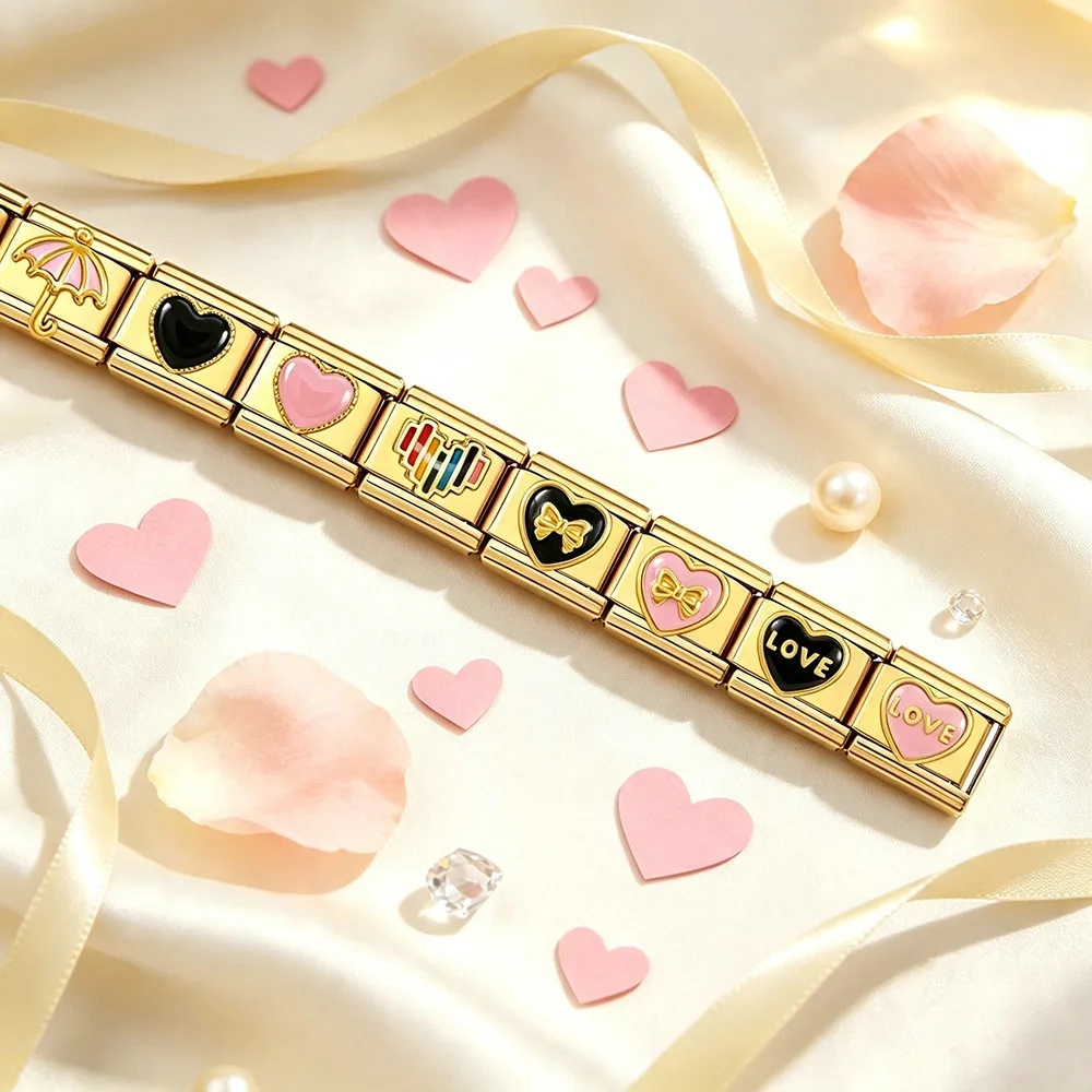 1 Stück Trendiges Goldfarbenes Rosa Herz-Schleifen-Regenschirm Italienisches Charm-Armband 9mm Edelstahl DIY Paar-Schmuckherstellung – Detail 4