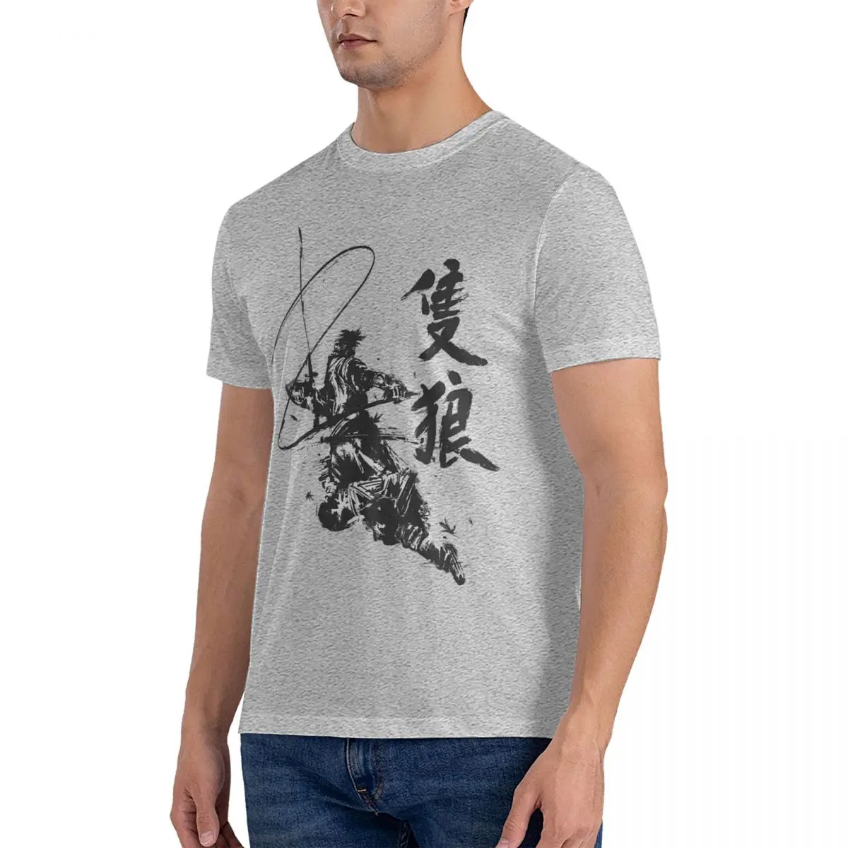 One Armed Wolf T-Shirt Men Samurai Amazing Cotton Tees Round Neck Short Sleeve T Shirts Printing Tops