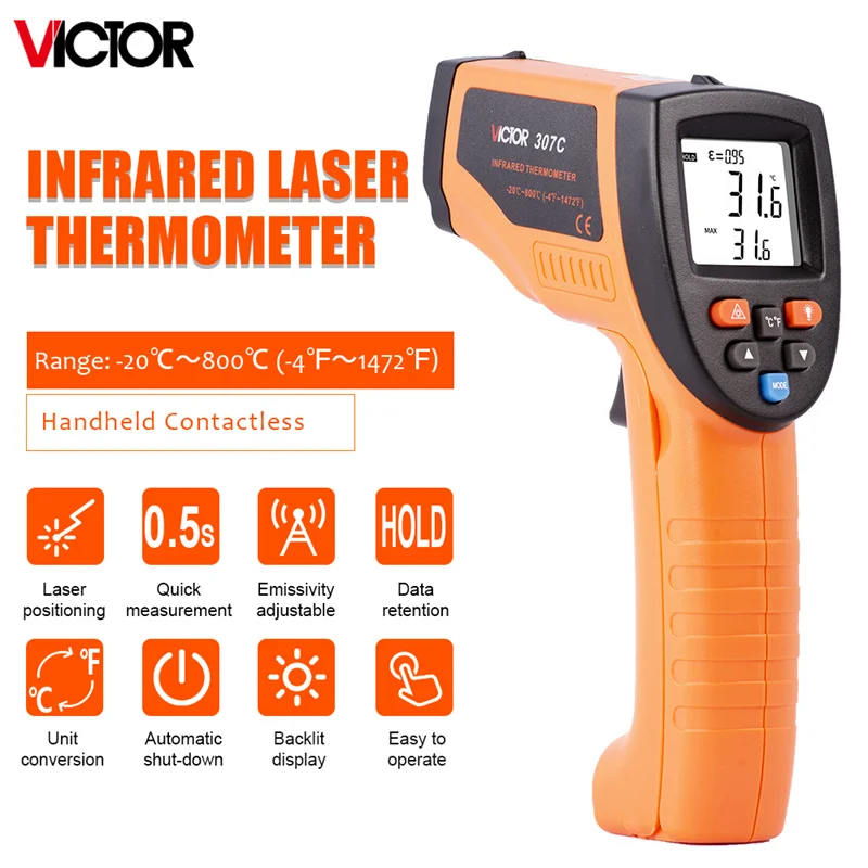 

RuoShui VC307C Infrared Thermometer -20~800 ℃ Non-Contact Digital Temperature Meter Industrial IR Laser Gun Termometro Pyrometer