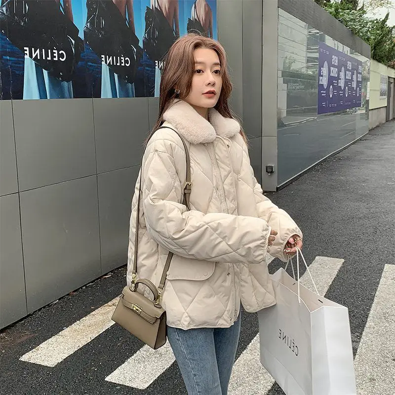 Loose Diamond Lattice Bread Clothing Women 2023 Fall and Winter Splicing Cotton Jacket Women Design Niche Cotton Parkas Female