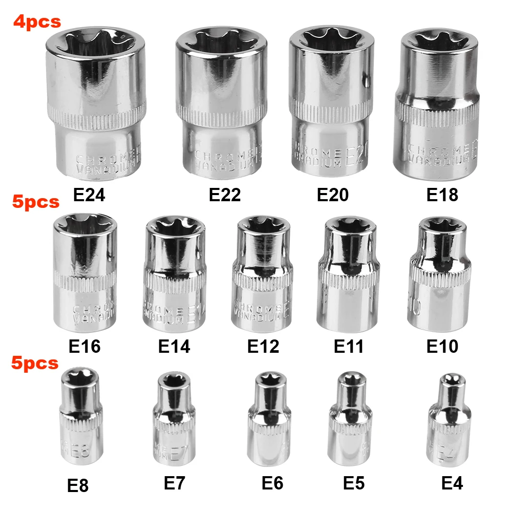 E4-E24 Wrench Head Auto Repair Tools External Torx Socket Set Female E Torx Socket Set 14-Pieces with a Case Star Socket Set