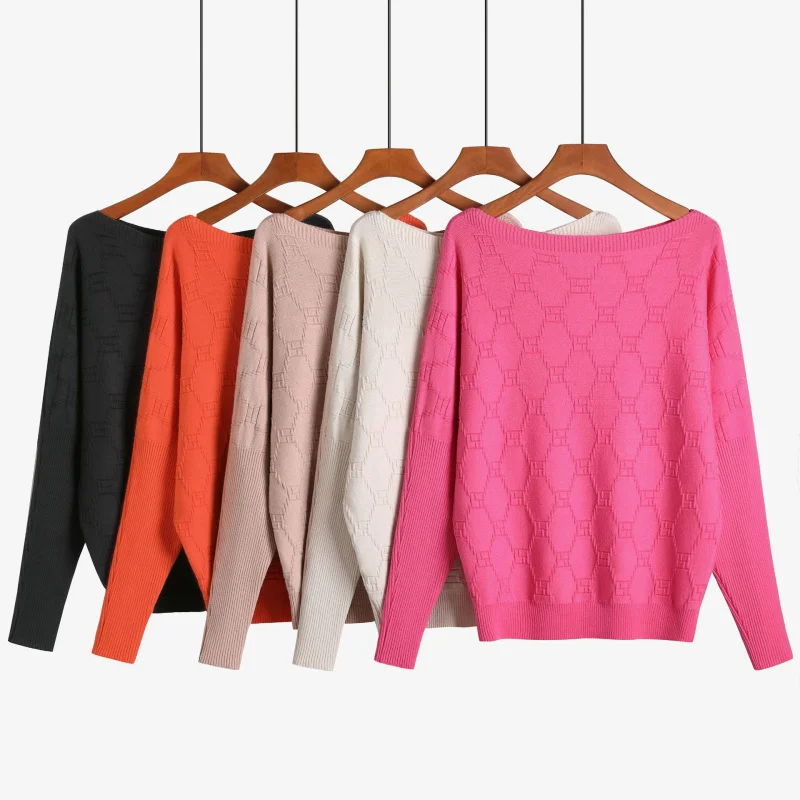 

2025 Autumn Winter Jacquard Off-Shoulder Irregular Knitted Batwing Sleeve Sweater Pullover Top New Style