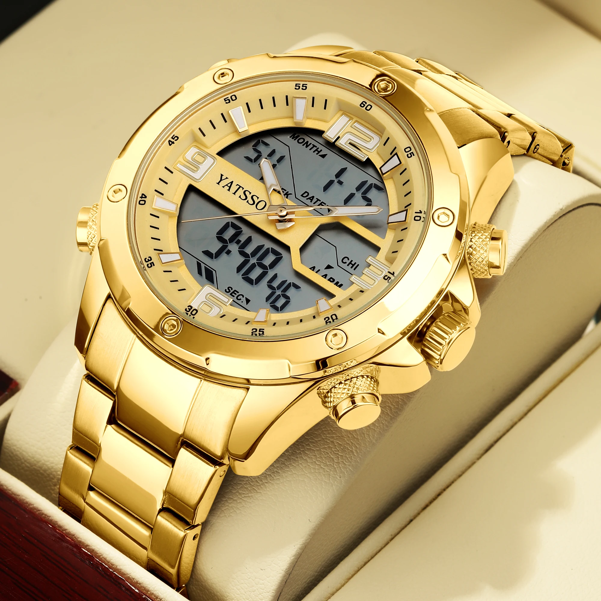 

YATSSO Master Men's Hybrid Watch - 45mm Alloy Case Steel Band Dual Movement (Quartz+Digital) Luminous Hands Alarm Date Display