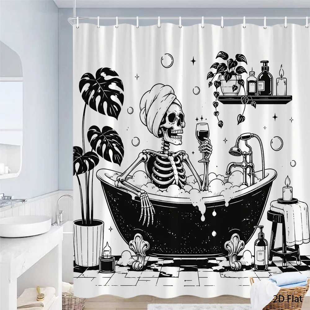 Funny Skeleton Bathtub Shower Curtain, Black & White Skull & Monstera Print Waterproof Bathroom Decor, Gothic Humor Home Bath