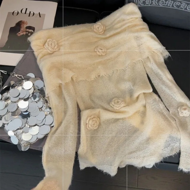 

Elegant Fashion 3D Flower Ruched Sweater T-shirts 2025 Knitted Top for Women Japanese Casual Sweet Tee Shirt Sueter Knitwear