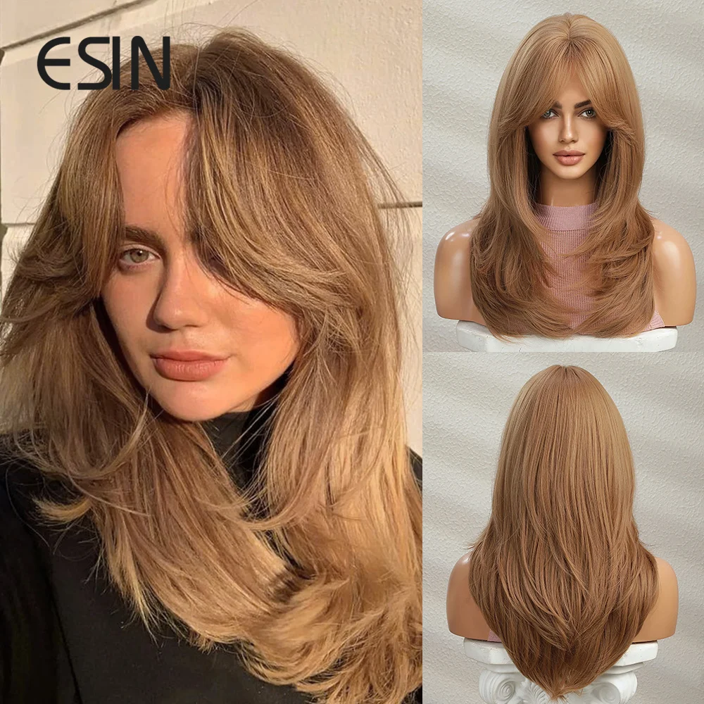 ESIN Elegant Synthetic Wig Medium Light Brown Color Wigs with two sides bangs for Women Ombre Layered Hair with Dark Roots