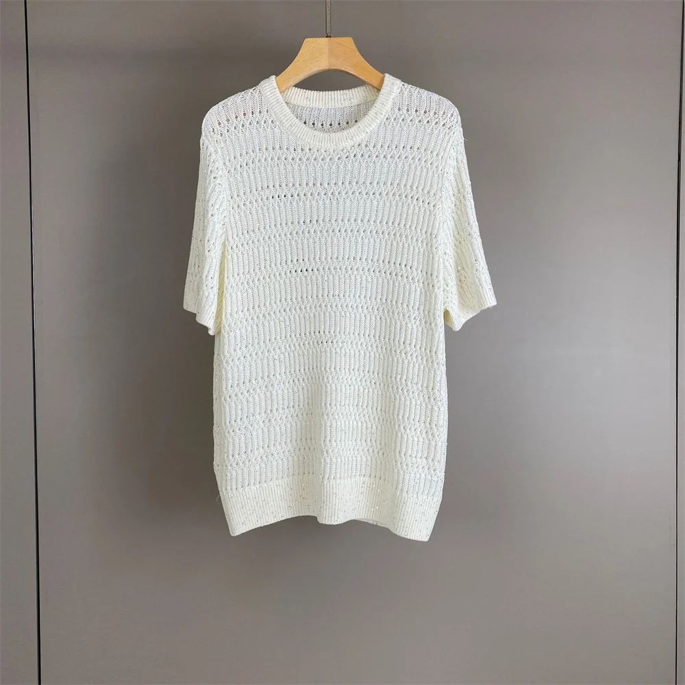 Round Neck Hollow-Out Sequined Pullover Knit Sweater Fashionable Commuter Short-Sleeve Linen Top