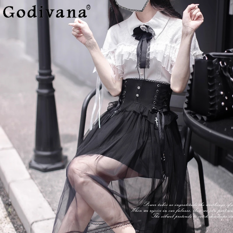 

Women's Lolita Style Set Original Lace Short Sleeve Shirt High Waist Mesh Skirt Suits Ladies Subculture Two Piece Outfits