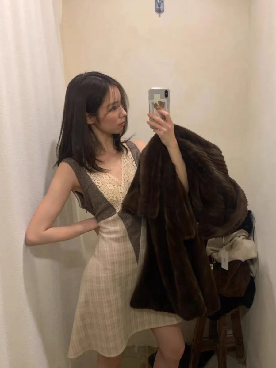 

Winter 2025 Dongdaemun Viplain Design V-ne Plaid Lace Dr Korean Sle High Waist Long Sve Slim Fit Ciwalk Dr