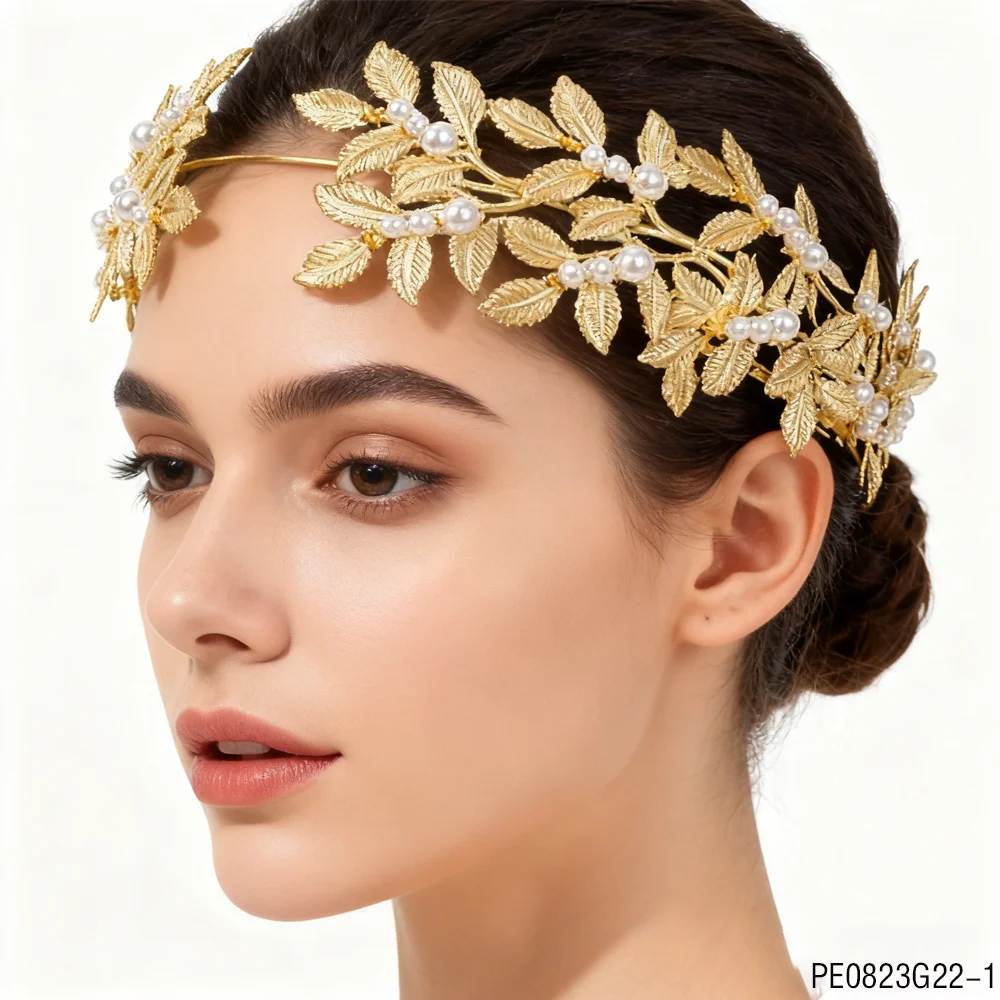 PESENAR Este es un accesorio para el cabello con forma de hoja dorada y perlas, en forma de hoja metálica, ideal para la fiesta faraónica.