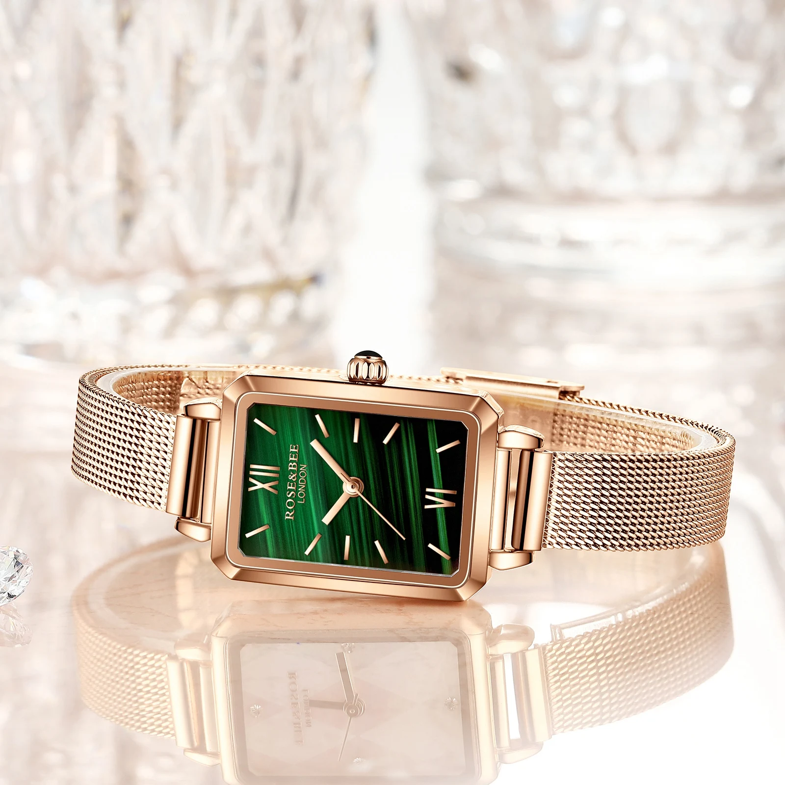 Green Malachite Japan Quartz Movement Roma Vintage Ladies Wristwatches Dropshipping Women Stainless Steel Mesh Rose Gold Watches