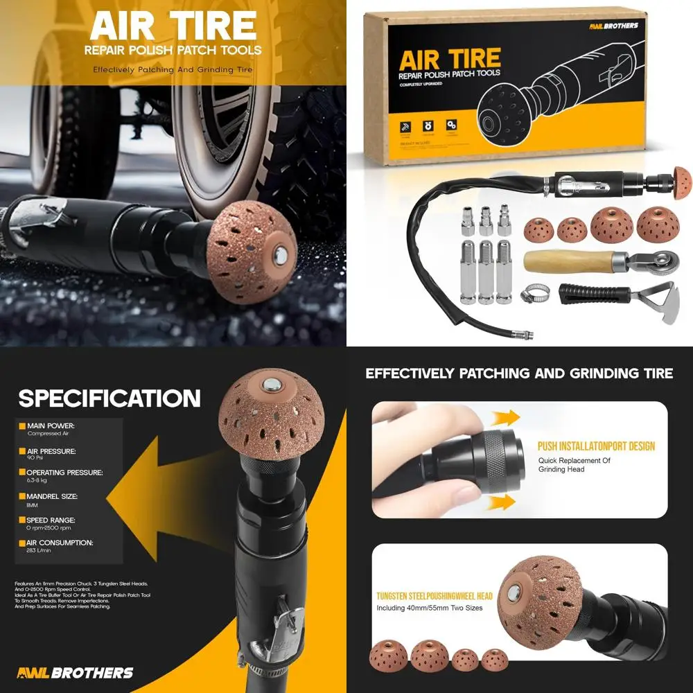 

Air Tire Repair Polish Patch Tools – 2500 RPM Low-Speed Tire Buffer with Tungsten Steel Buffing Wheel, Inner Liner Scraper, Patc