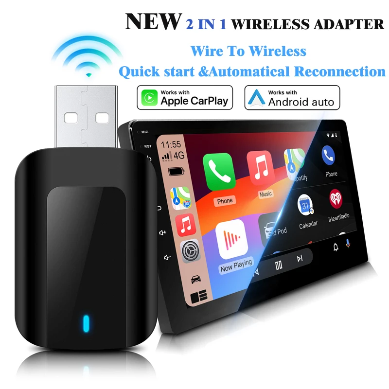 Mini Wireless CarPlay Android Auto Adapter for Factory Wired Car Wireless CarPlay Android Auto 2in1 Type C Plug Box CarPlay USB