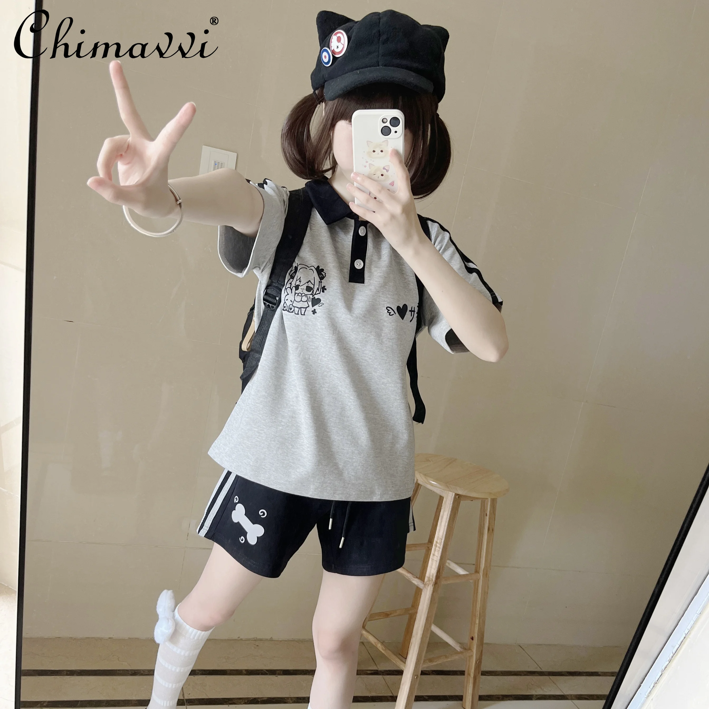 Summer New Polo Collar Sports Suit Students Casual Cute Japanese Style Black Gray Short Sleeve T-shirt Shorts Gril 2 Peice Set