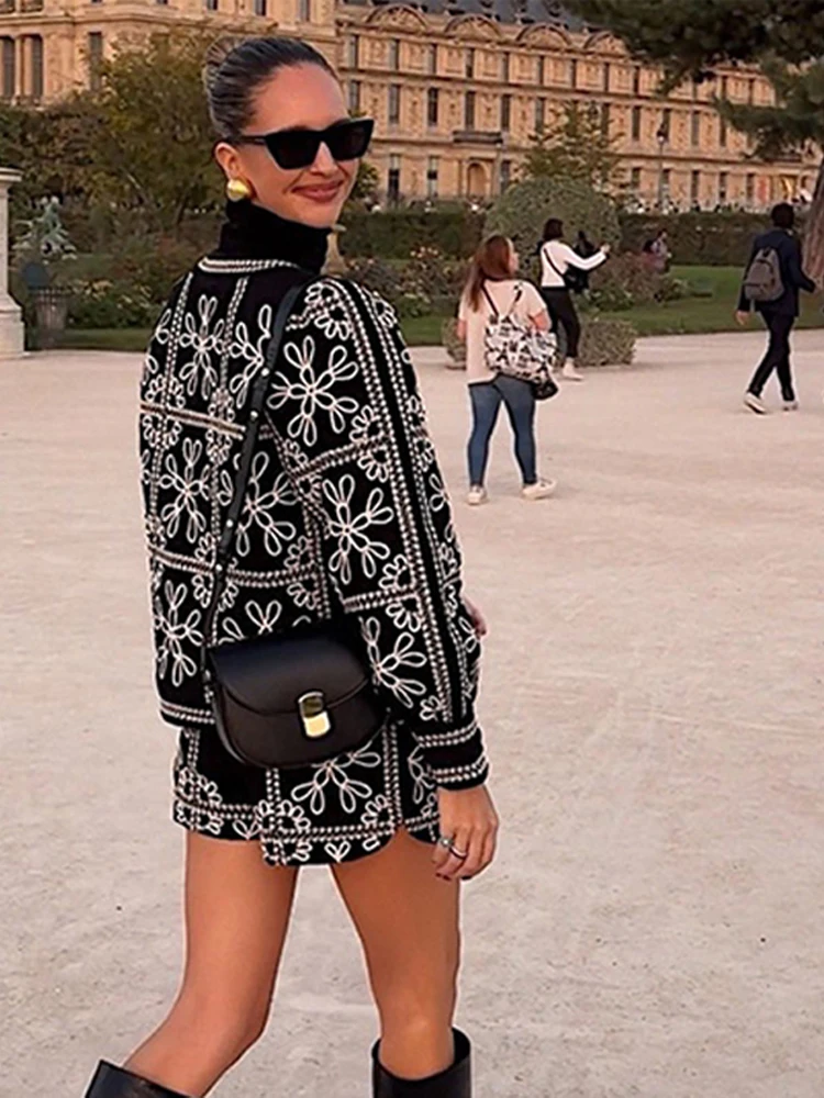 Casual Printed Panelled Women Short Suits O-neck Lantern Sleeve Coat High Waist Mini Shorts 2024 Summer New Fashion Lady Sets