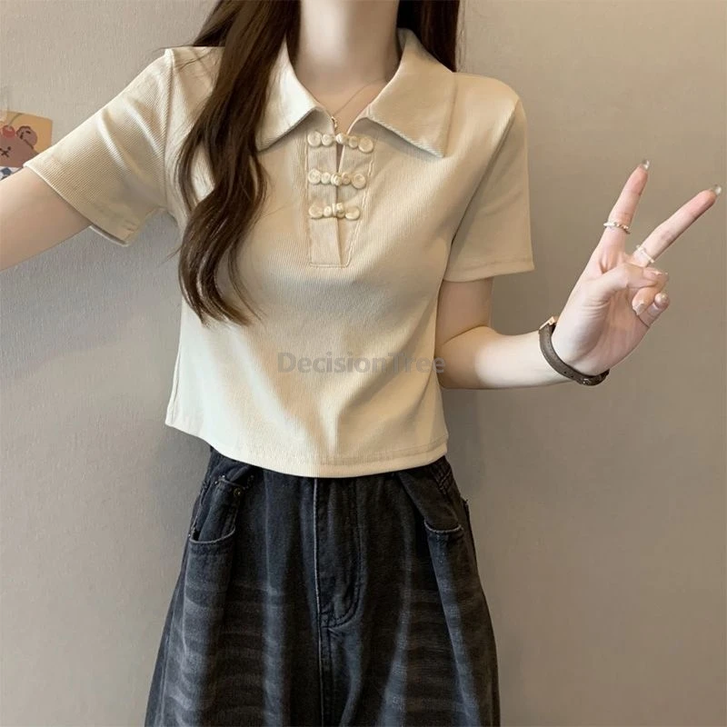 

New Popular Fashionable Chinese Style Tang Suit Top Women Turn-down collar Polo Shirt Summer Buckle Short Sleeve Top