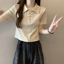 New Popular Fashionable Chinese Style Tang Suit Top Women Turn-down collar Polo Shirt Summer Buckle Short Sleeve Top