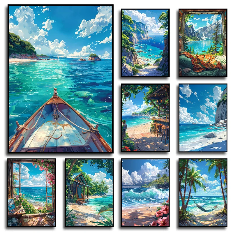 1 toile sans cadre, affiche anime Océan, art mural moderne dessin animé paysage marin, impression sur toile Arbre et Architecture aux couleurs vives pour salon