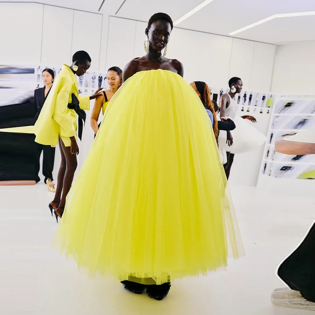 

Candy Yellow Elastic Waist Ankle Length Long Women Tutu Dresses Puffy A-line Draped Formal Occasion Tulle Party Dress Customized